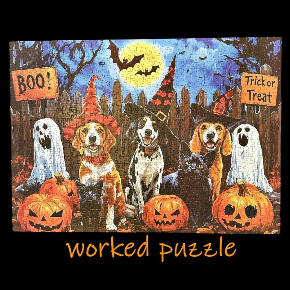 Halloween Jigsaw Puzzle 1000 Piece Cat Dog Party MINT MINT w Poster COMPLETE!!!